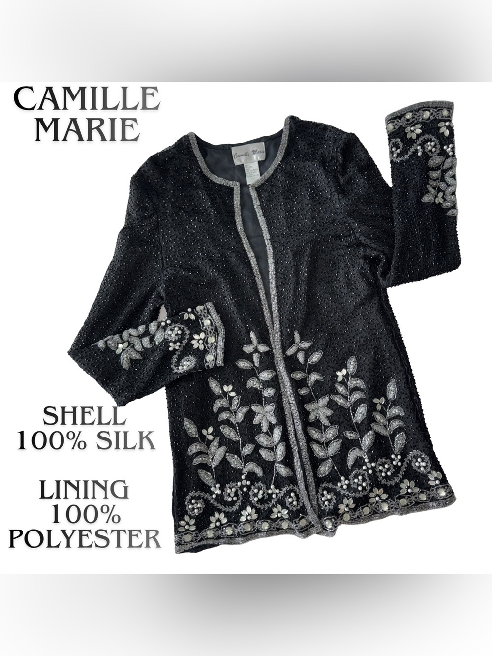 Vintage Camille Marie Black 100% Silk Beaded Blazer‎ Jacket Size Large